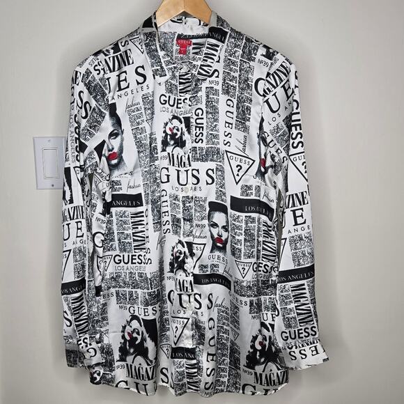 GUESS Los Angeles Black & White Graphic Magazine Print Long Sleeve Blouse Size S - Picture 1 of 8